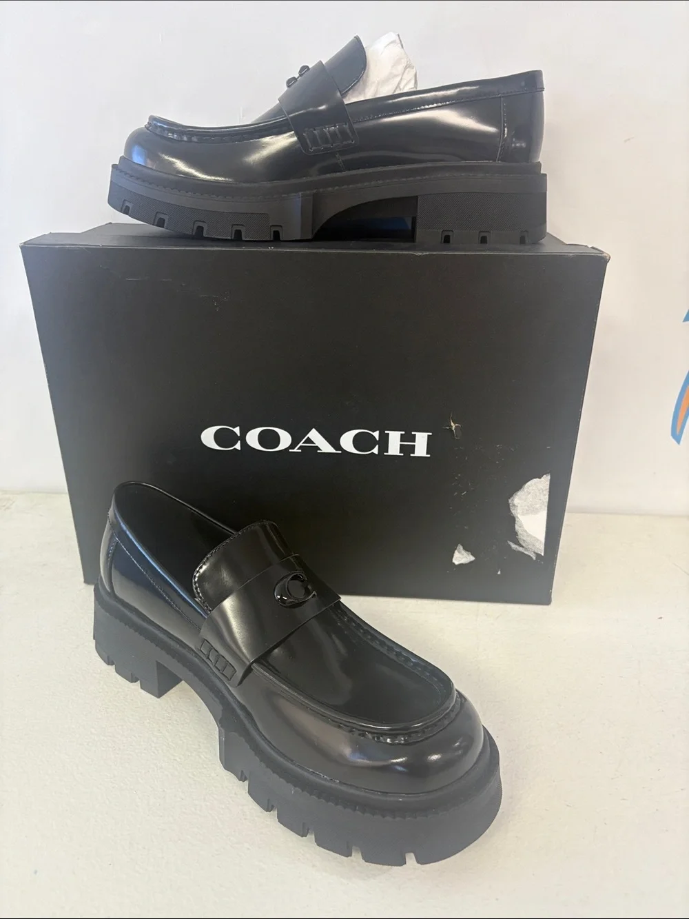 Coach Men's Black Patent Leather Lug Sole Penny Loafers - Picture 1 of 2